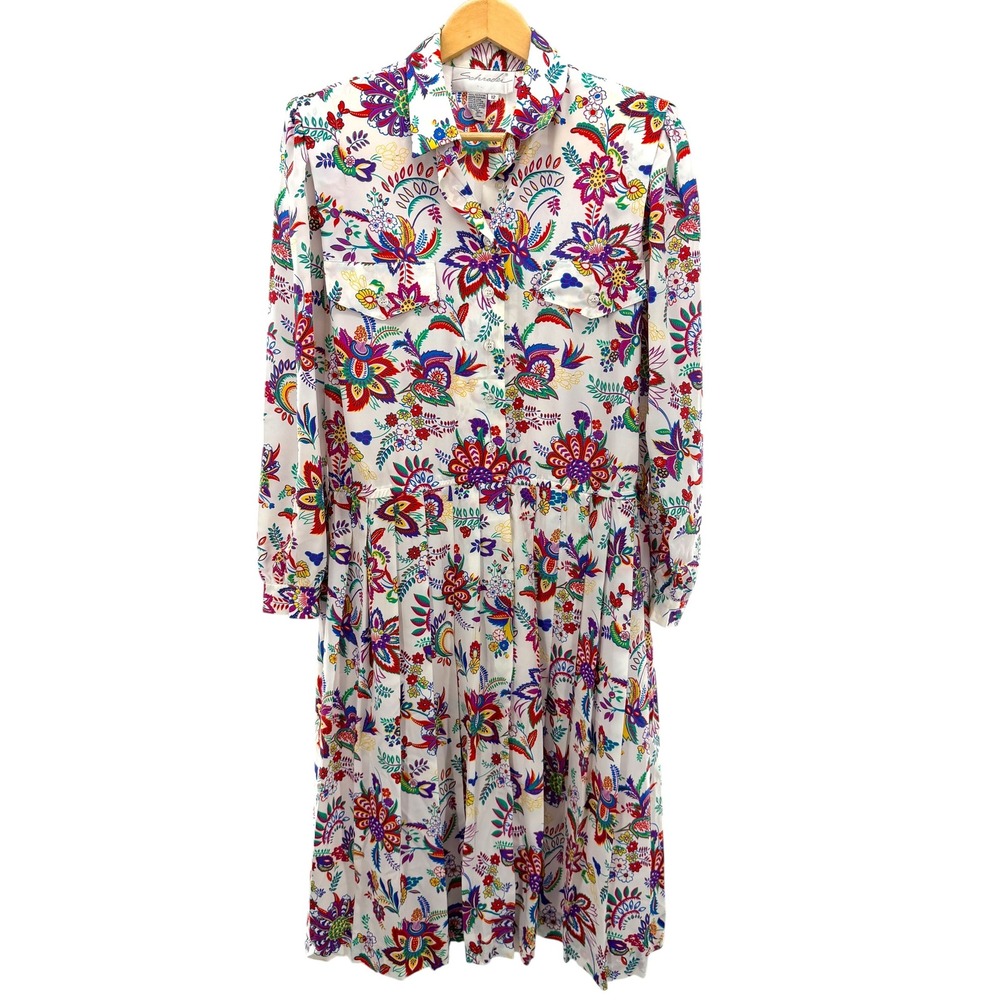 VTG Schrader Vintage Floral Paisley Pleated‎ Midi Dress White Multicolor Size 12